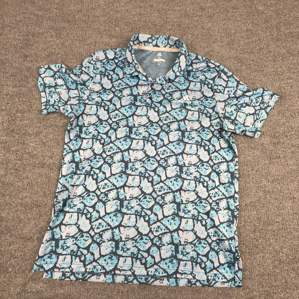 Adidas Polo Shirt Mens XL Blue Abstract Pattern Golf Performance Short Sleeve